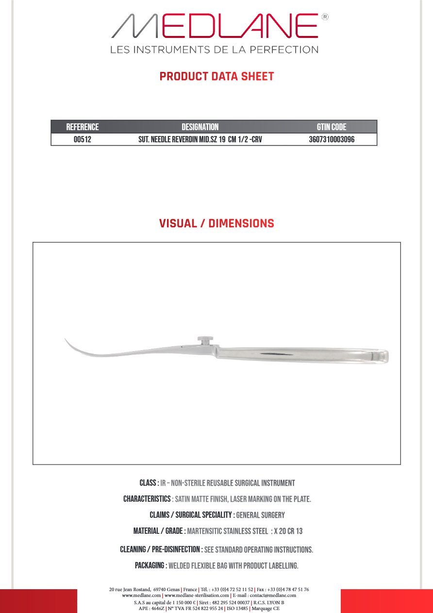 Aiguille Suture Reverdin Moyenne 190 mm Démontable-courbe — 00512P