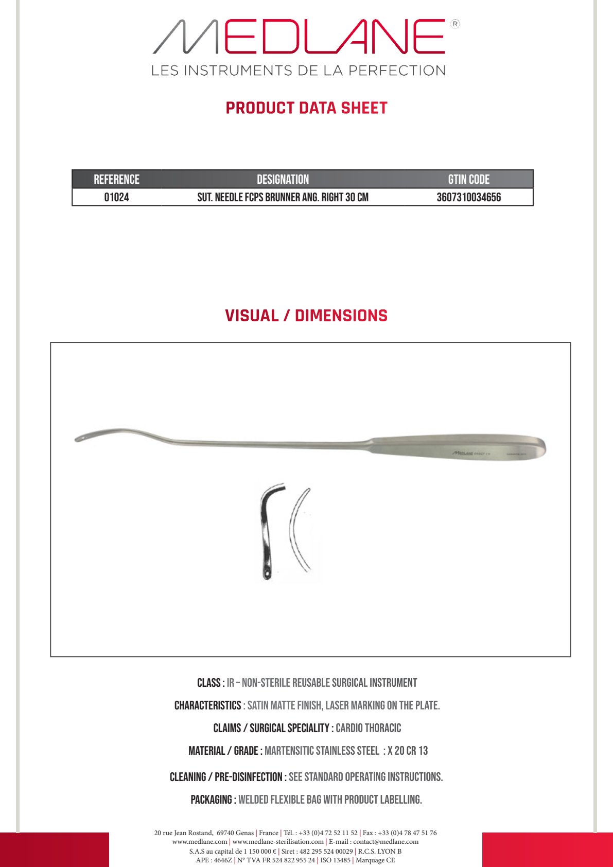 Aiguille Suture passe Fils Brunner 300 mm Coudé a Droite — REF 01024