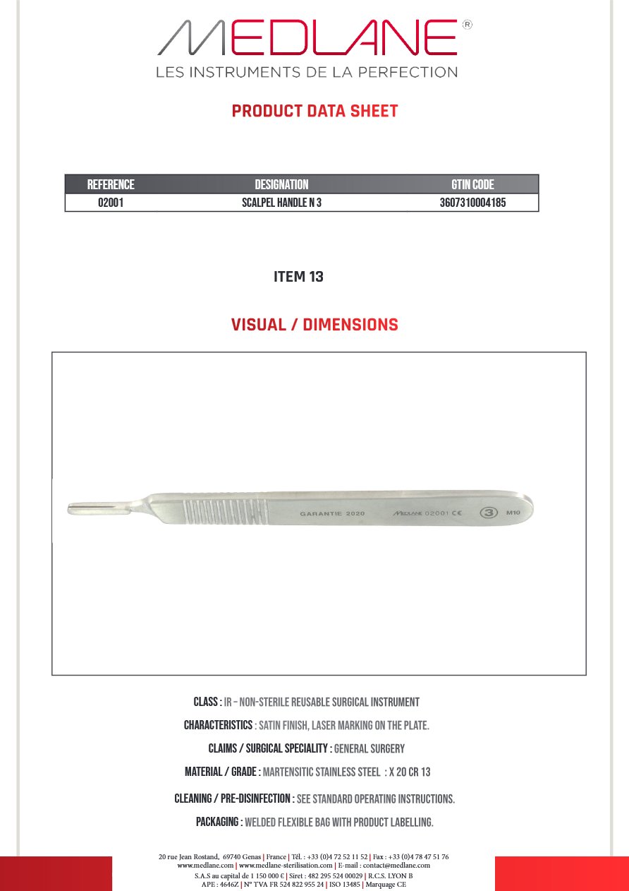 Photo produit MEDLANE : Bistouri Manche N 3 pour Lames Figure 10-11-12-12D-13-15, référence 02001P