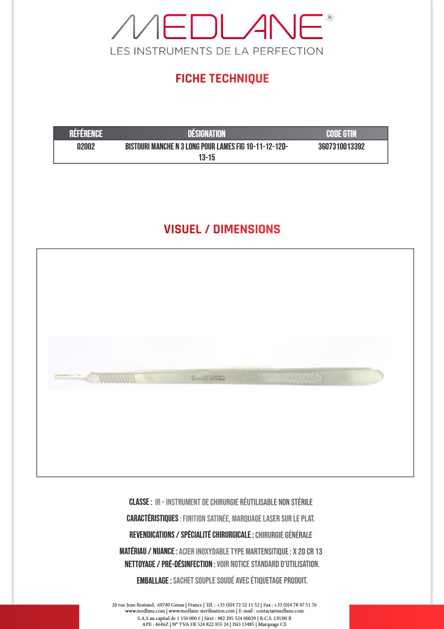 Photo produit MEDLANE : Bistouri Manche N 3 Long pour Lames Figure 10-11-12-12D-13-15, référence 02002P