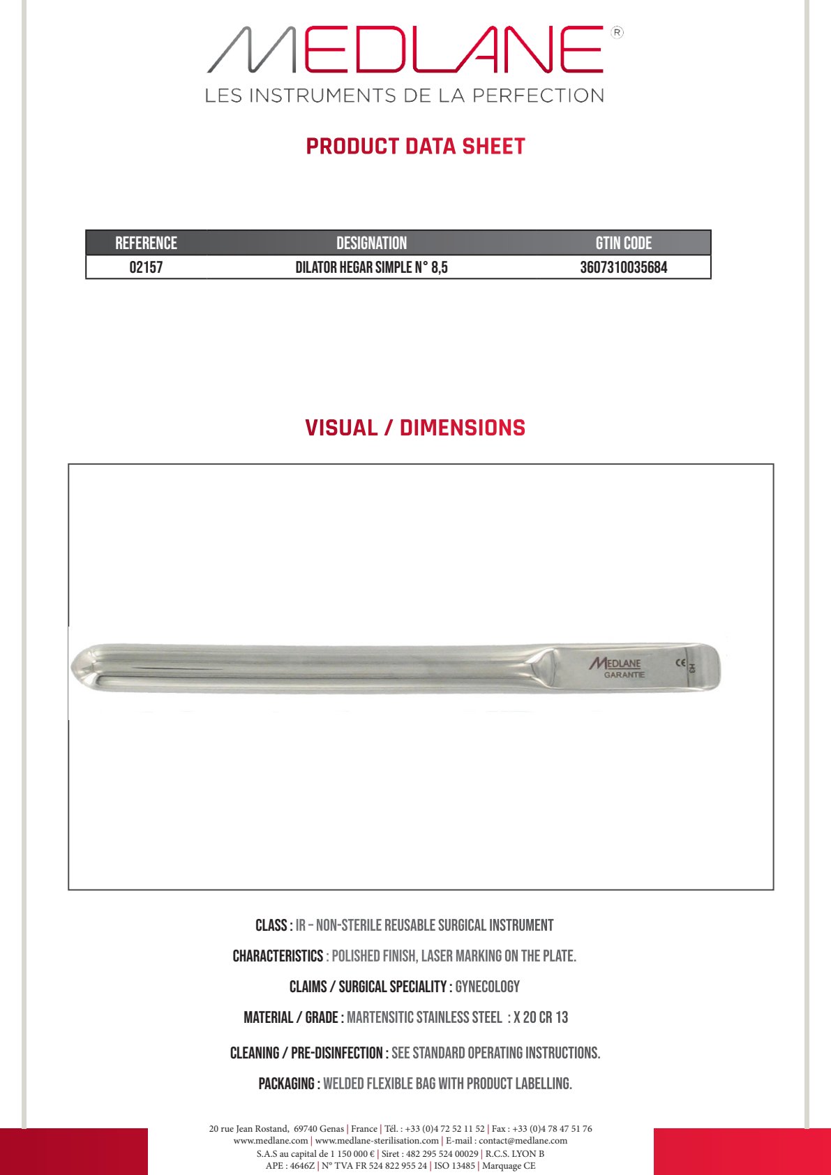 Dilator Hegar Simple N° 8,5 — REF 02157