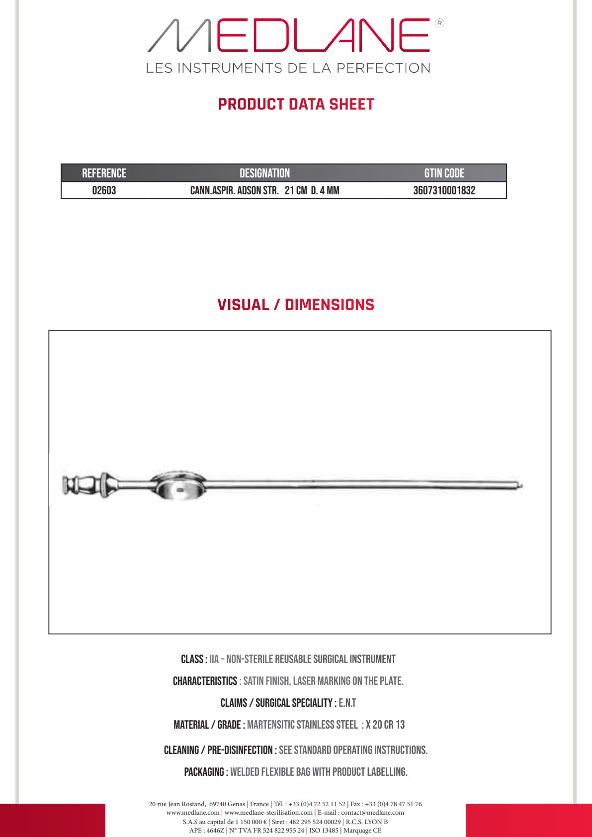 Canule Aspiration Adson Droite 210 mm Diamètre 4 mm — REF 02603