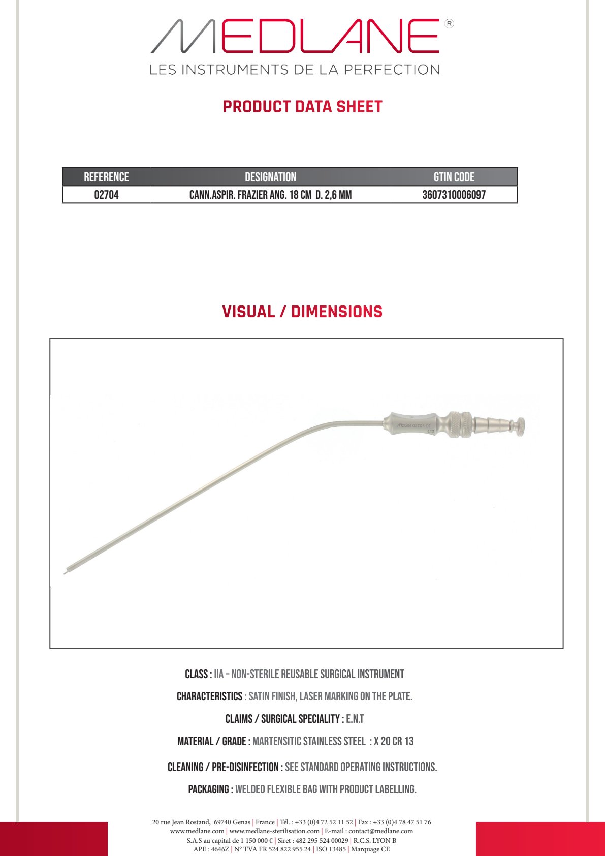 Photo produit MEDLANE : Canule Aspiration Frazier Coudée 180 mm Diamètre 2,6 mm, référence 02704P