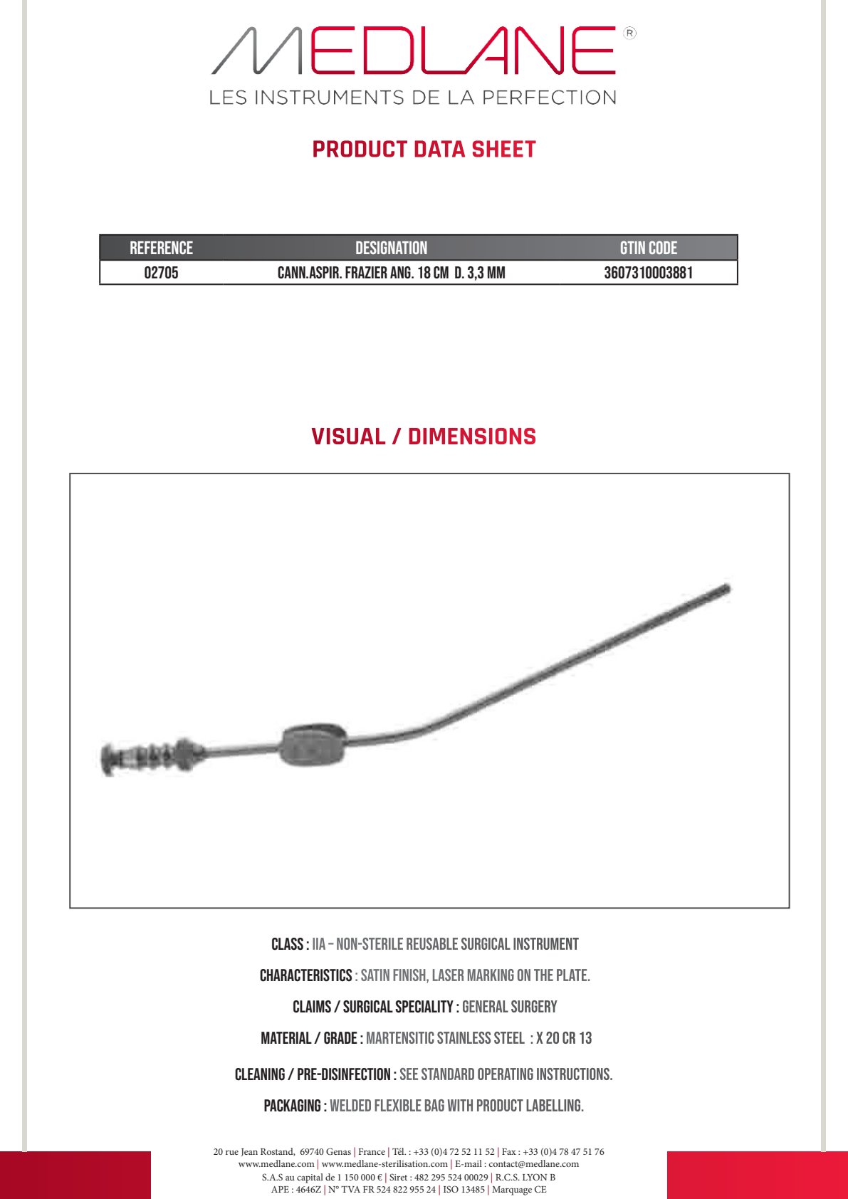 Photo produit MEDLANE : Canule Aspiration Frazier Coudée 180 mm Diamètre 3,3 mm, référence 02705P