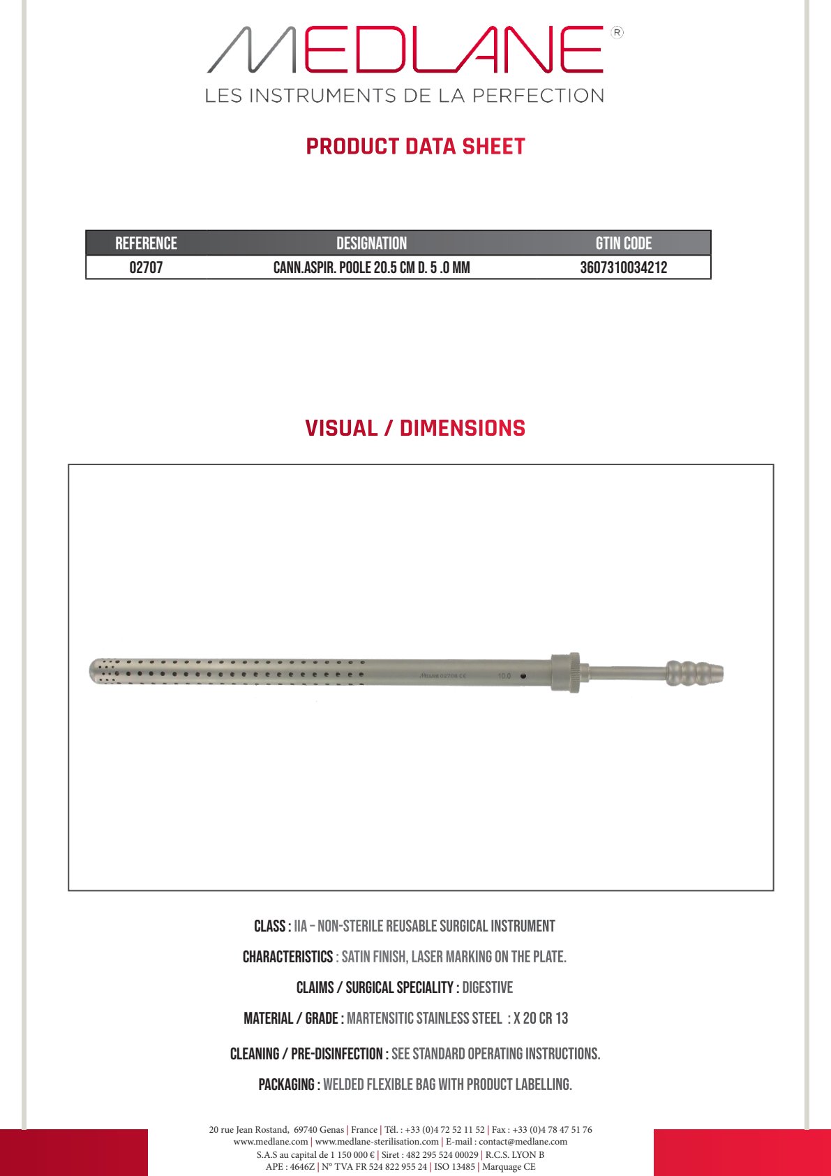 Canule Aspiration Poole 205 mm Diamètre 5.0 mm — REF 02707