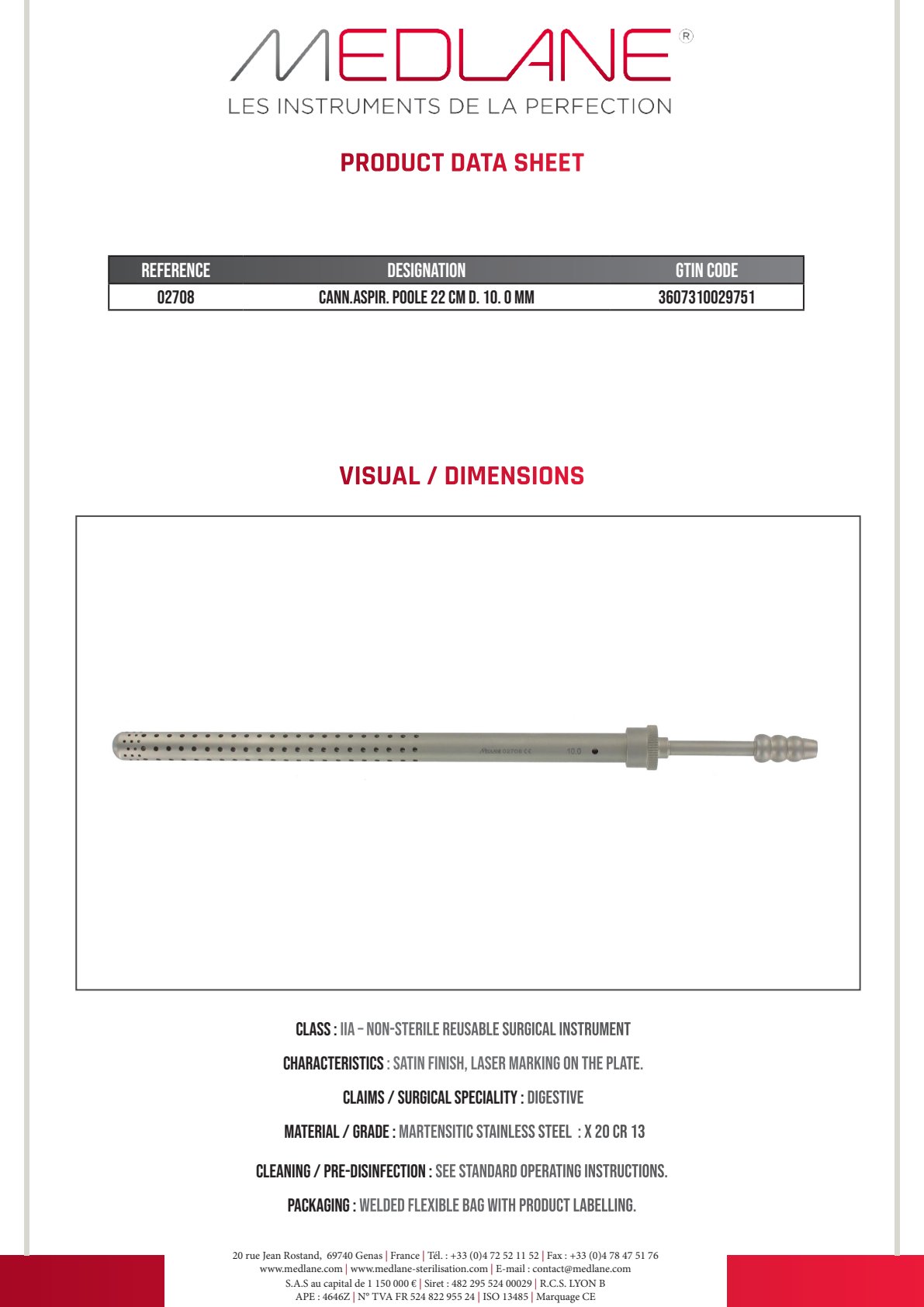 Photo produit MEDLANE : Canule Aspiration Poole 220 mm Diamètre 10.0 mm, référence 02708P
