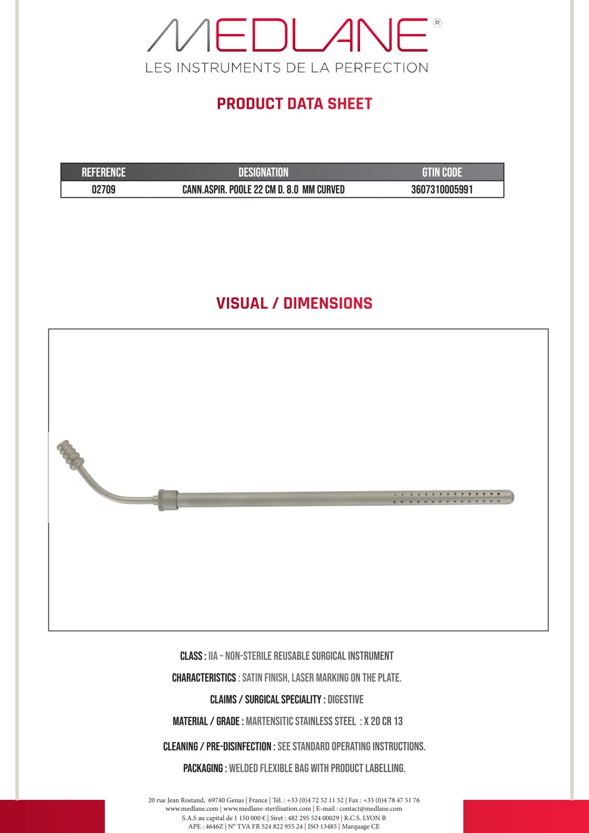 Photo produit MEDLANE : Canule Aspiration Poole 220 mm Diamètre 8.0 mm Courbe, référence 02709P