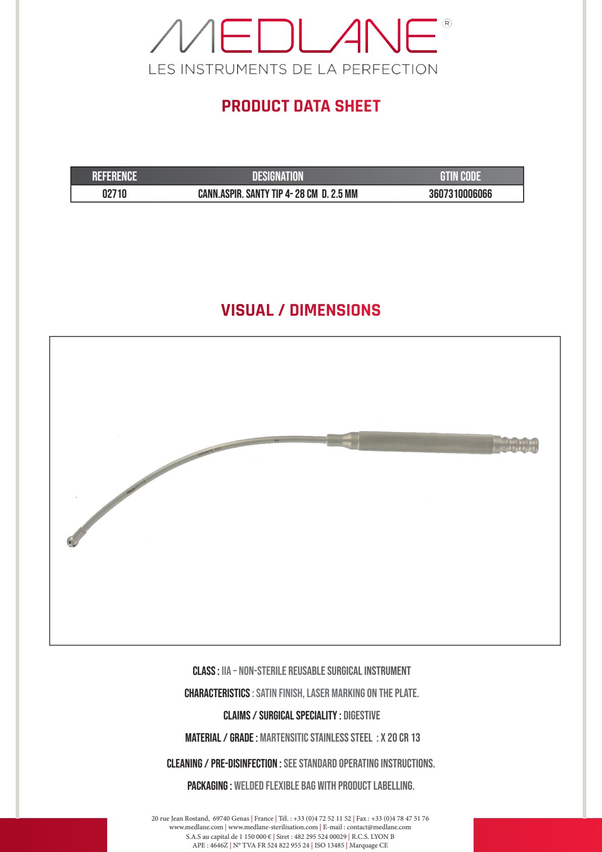 Photo produit MEDLANE : Canule Aspiration Santy 280 X 2,5 mm Embout 4 mm, référence 02710P