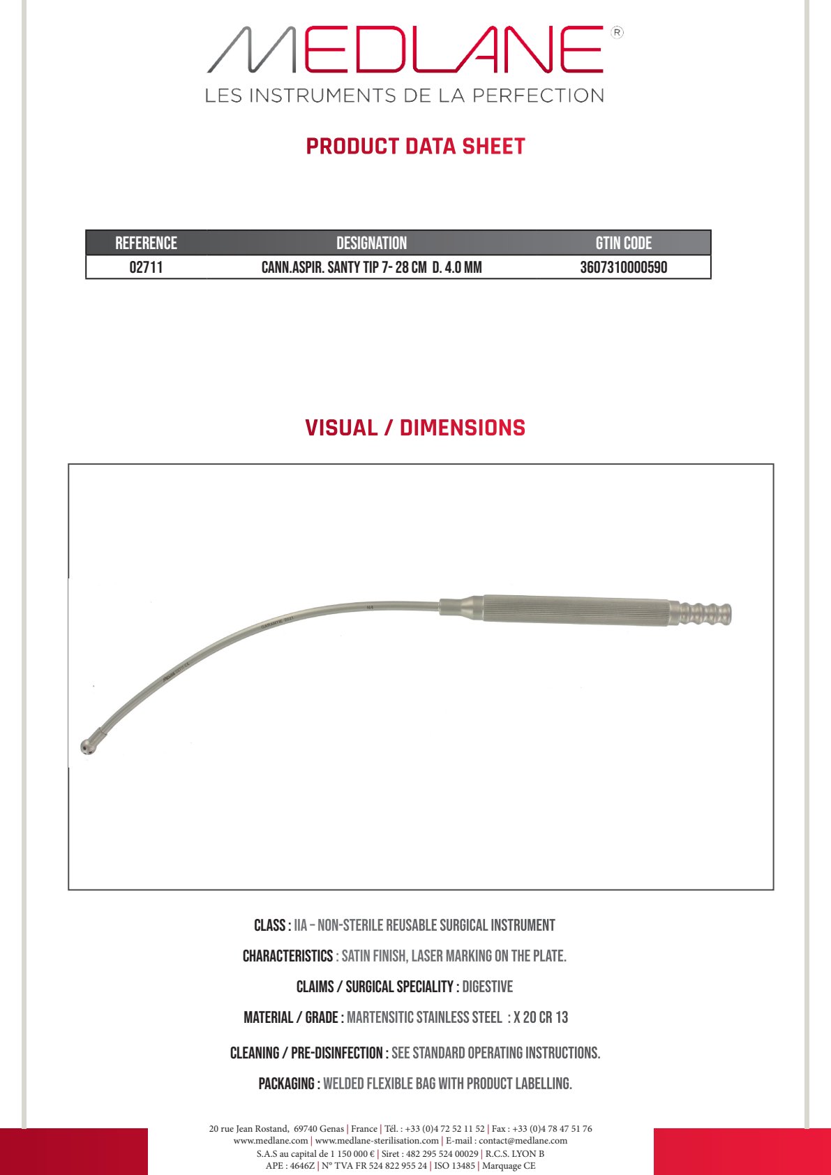 Photo produit MEDLANE : Canule Aspiration Santy 280 X 4,0 mm Embout 7 mm, référence 02711P