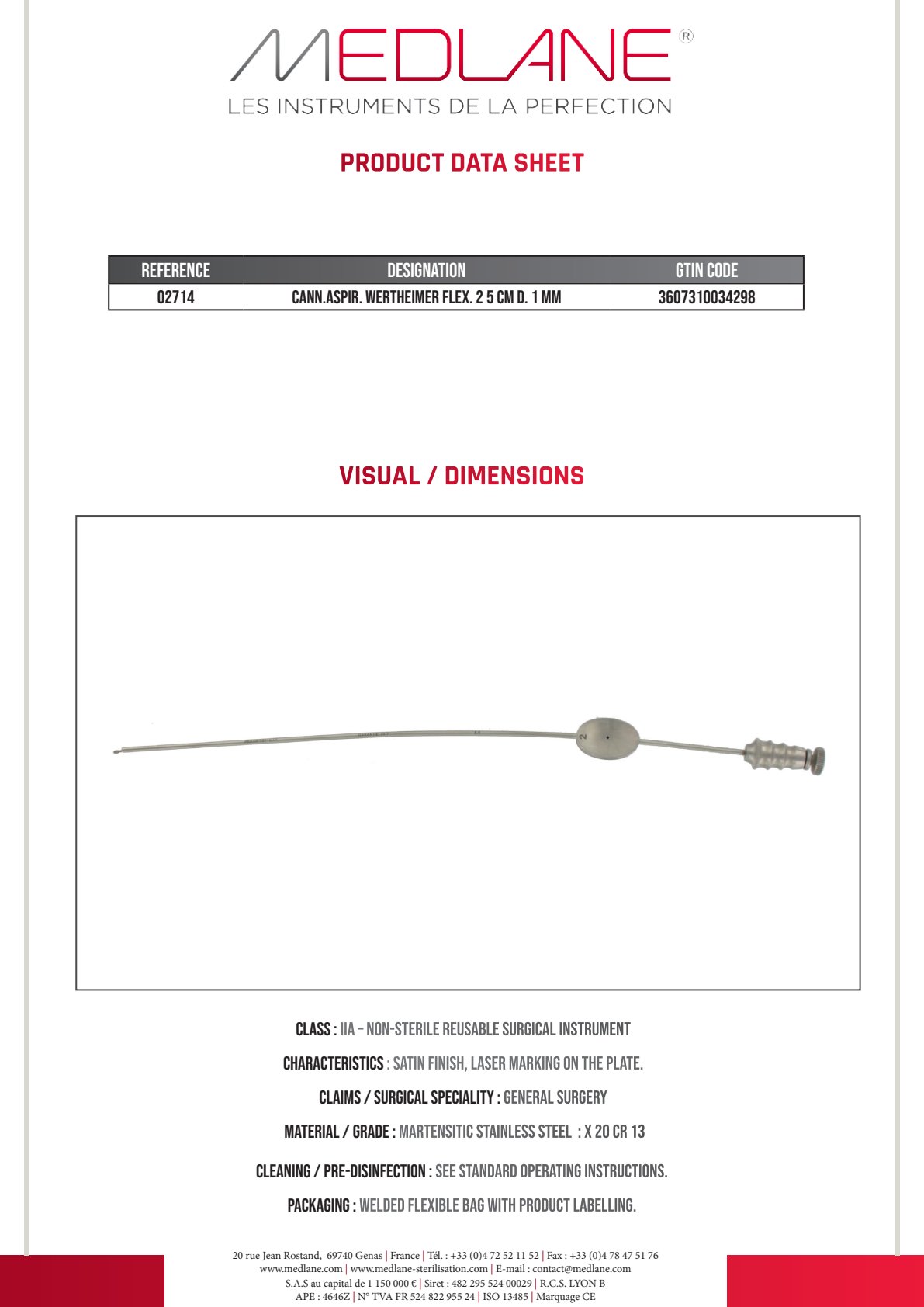Canule Aspiration Wertheimer Malléable 250 mm Diamètre 1 mm — REF 02714P