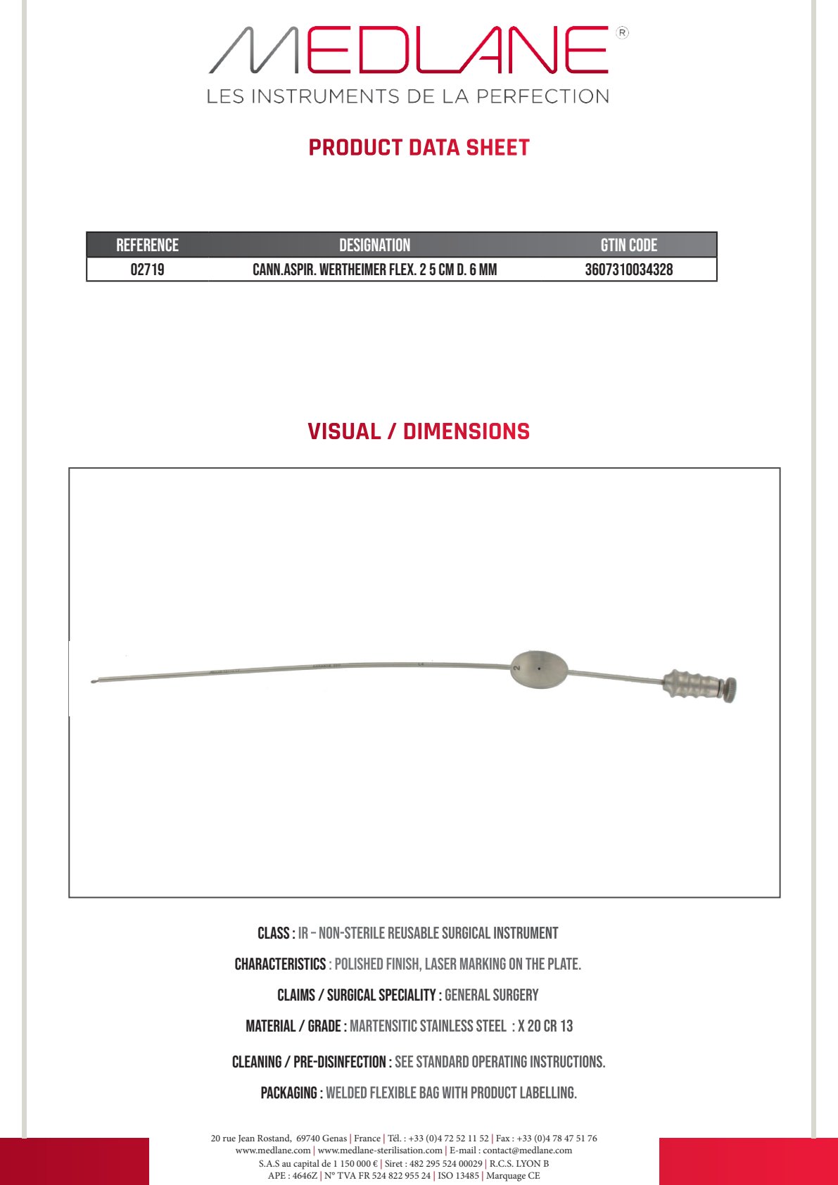 Photo produit MEDLANE : Canule Aspiration Wertheimer Malléable 250 mm Diamètre 6 mm, référence 02719P