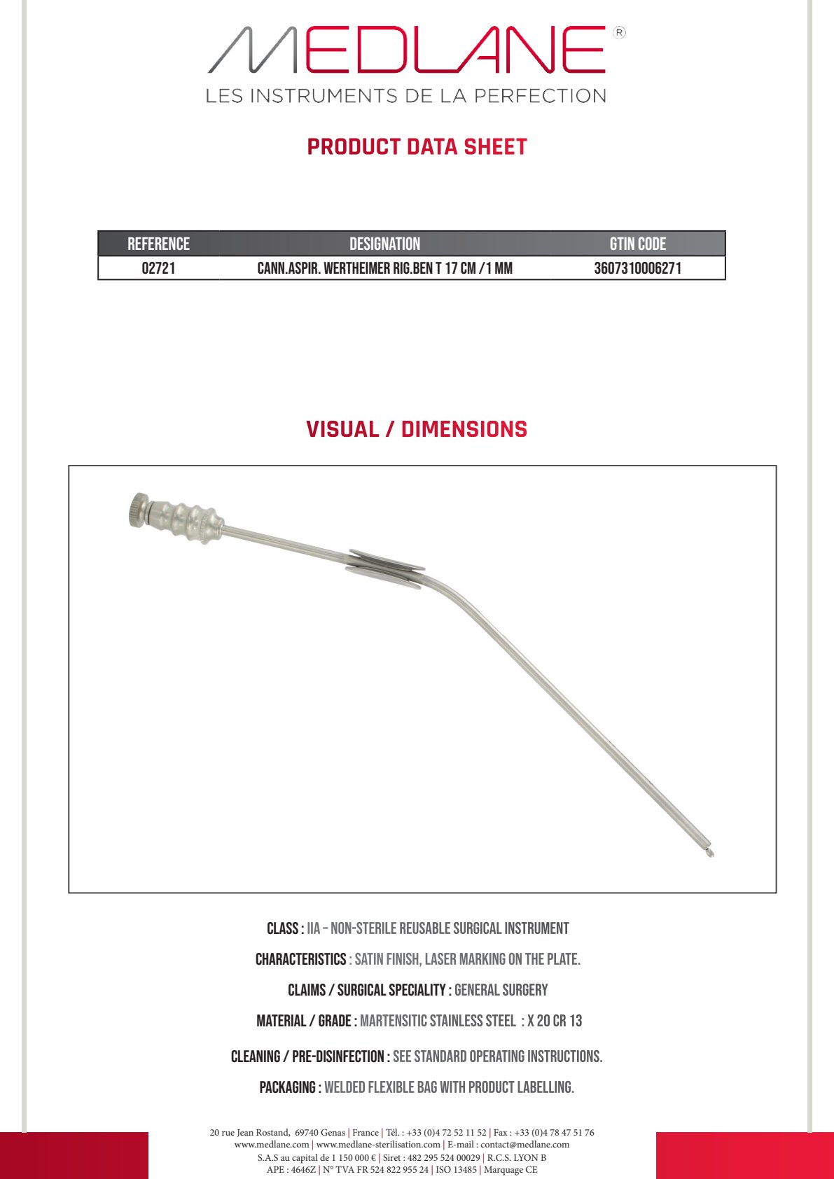 Photo produit MEDLANE : Canule Aspiration Wertheimer Rigide cd 170 mm Diamètre 1 mm, référence 02721P