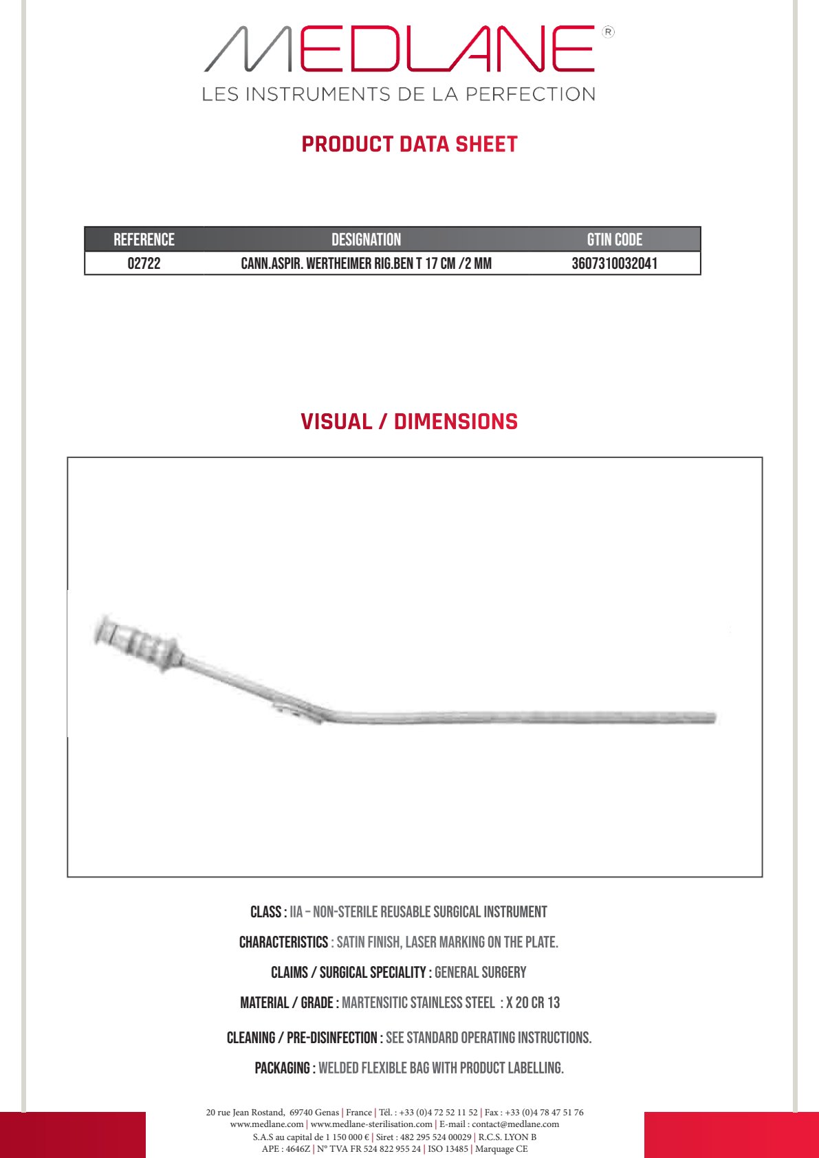 Canule Aspiration Wertheimer Rigide cd 170 mm Diamètre 2 mm — REF 02722P