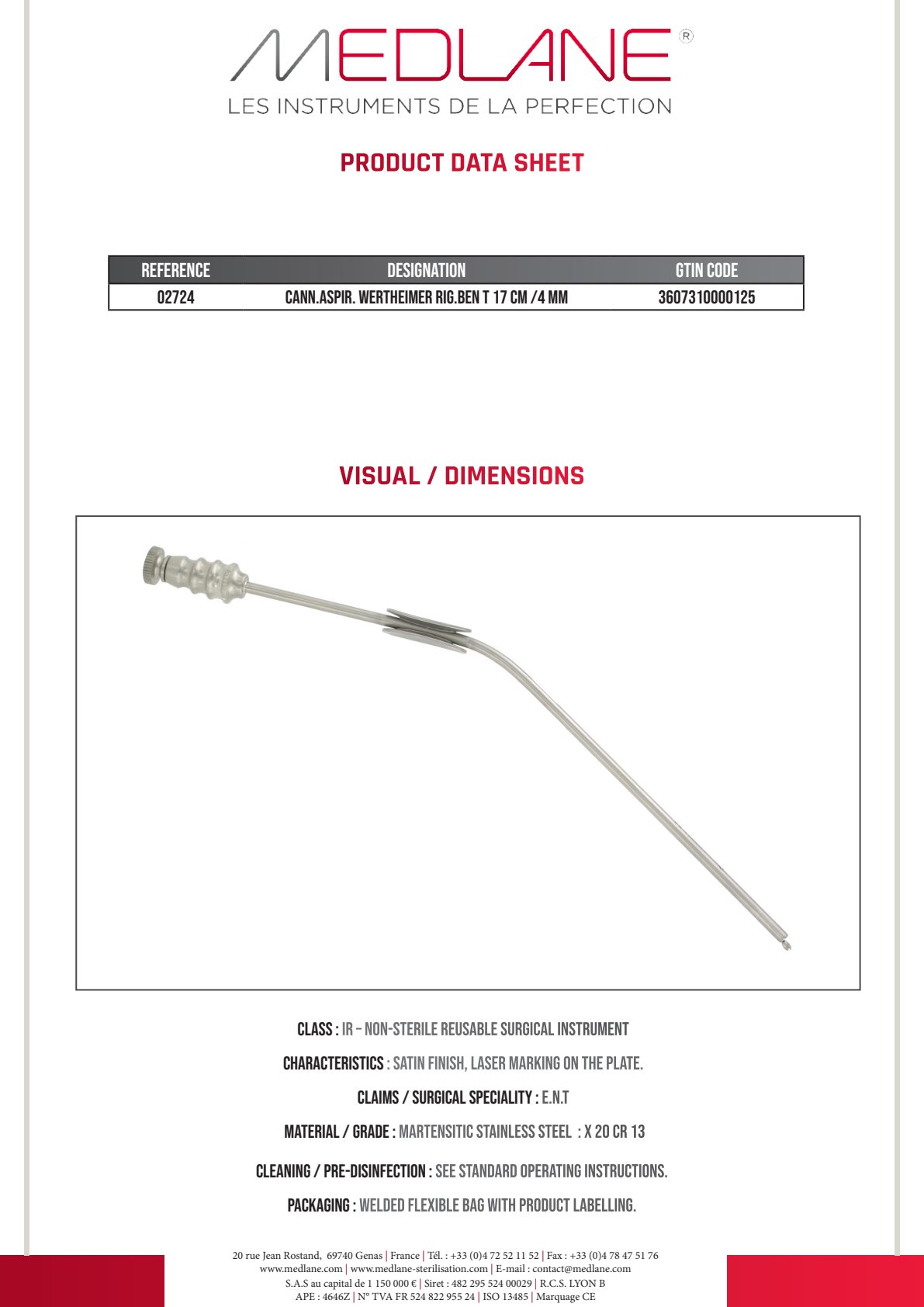 Canule Aspiration Wertheimer Rigide cd 170 mm Diamètre 4 mm — 02724P