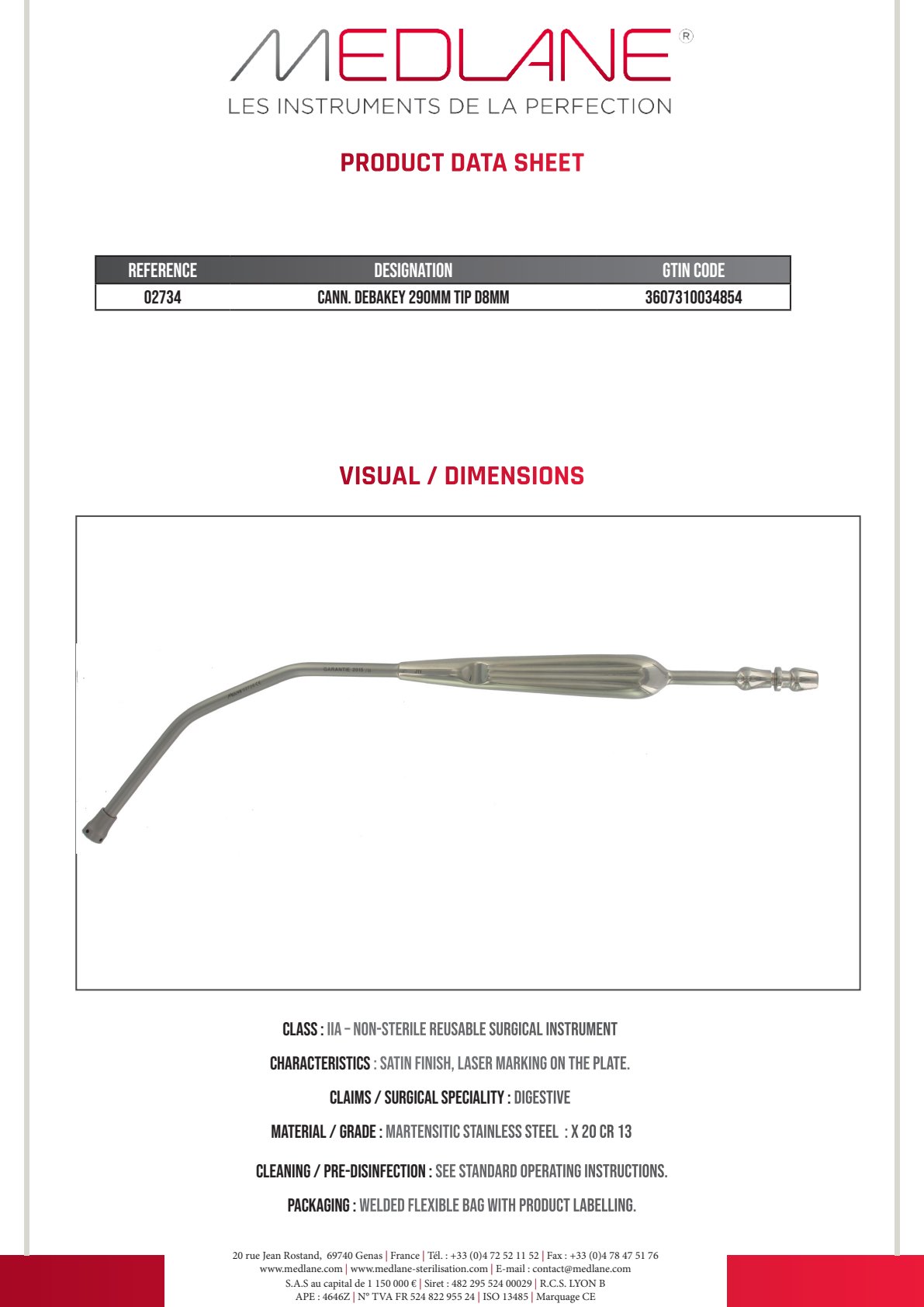 Canule Aspiration Debakey 290 mm Embout Diamètre 8 mm — REF 02734