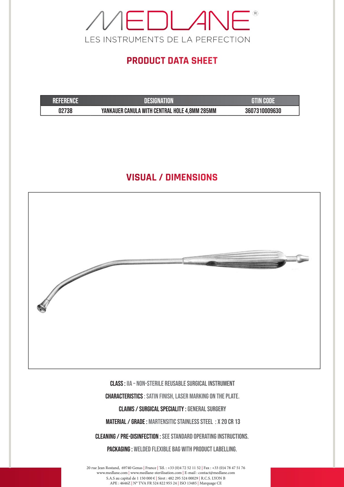 Photo produit MEDLANE : Canule Aspiration Yankauer avec Trou Central 285MM Diamètre 4,8 mm, référence 02738
