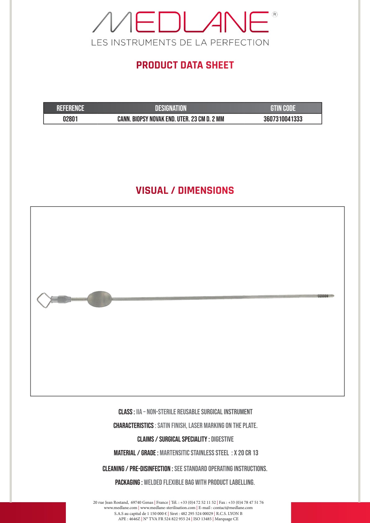 Canule Biopsie Novak Endoscopique utérin 230 mm Diamètre 2 — REF 02801P