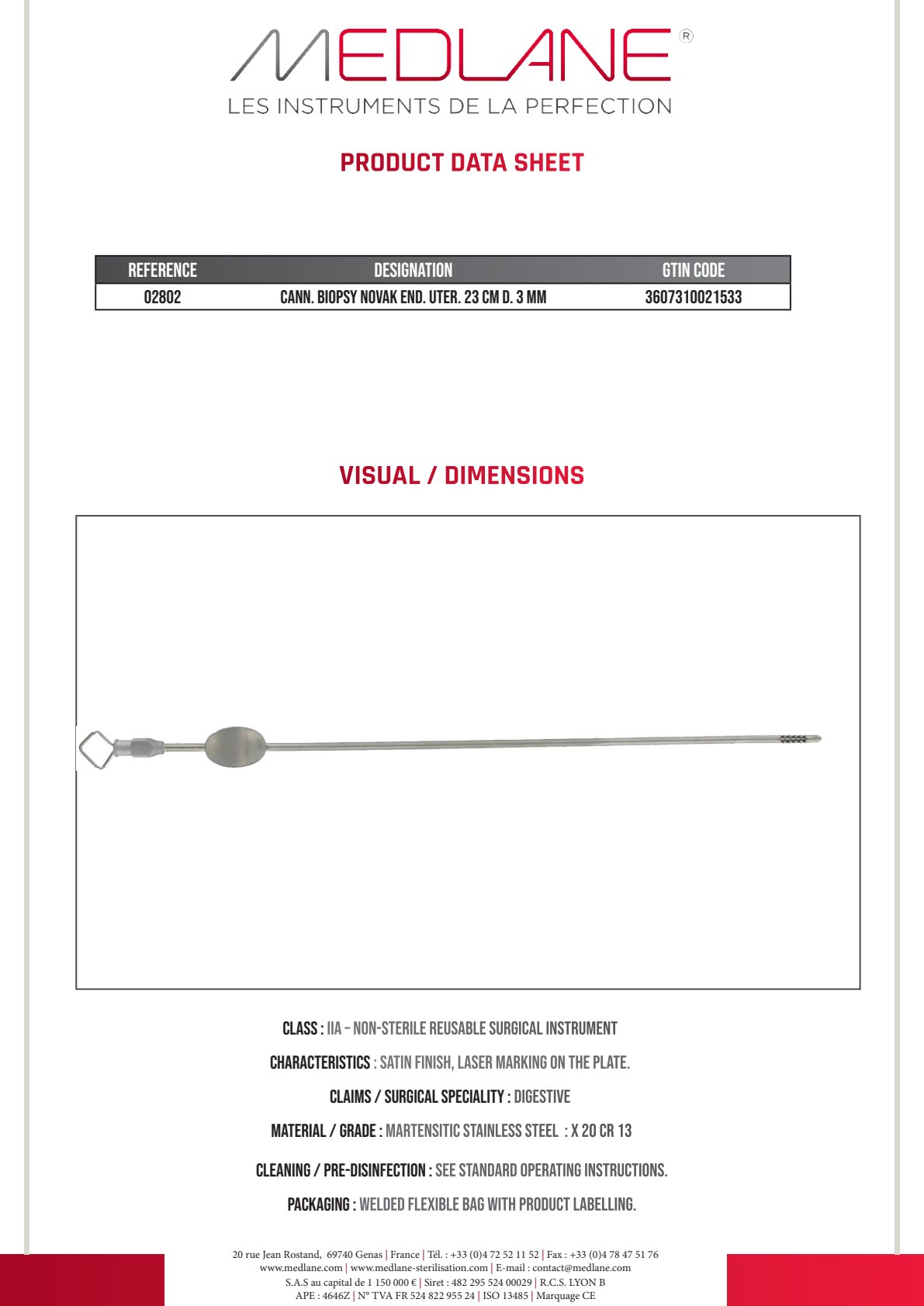 Canule Biopsie Novak Endoscopique utérin 230 mm Diamètre 3 — REF 02802P