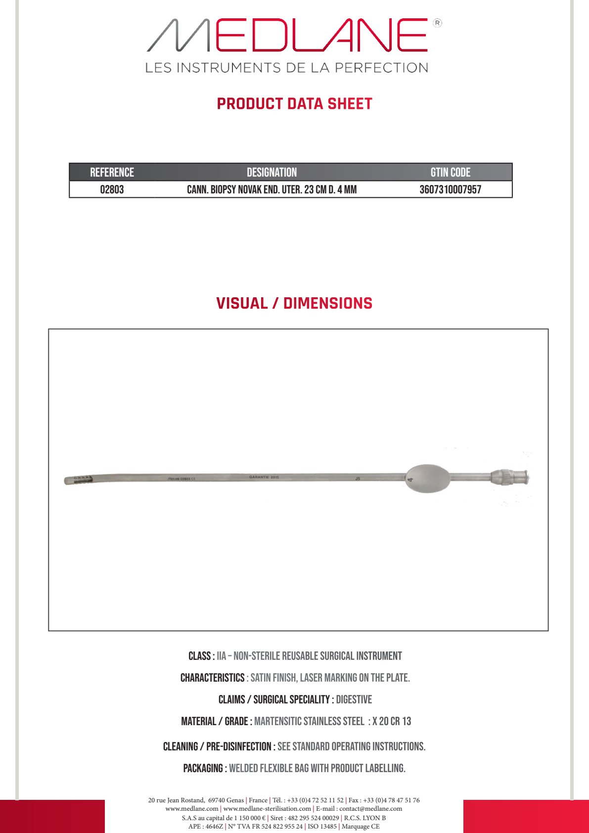 Canule Biopsie Novak Endoscopique utérin 230 mm Diamètre 4 — REF 02803P