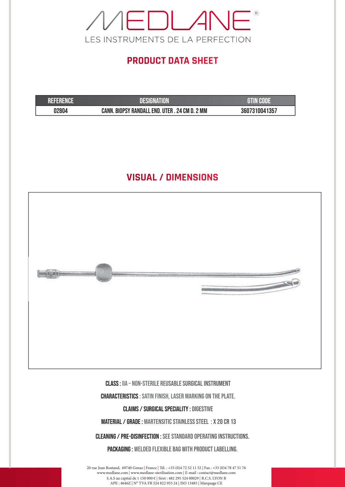 Canule Biopsie Randall Endoscopique utérin 240 mm Diamètre 2 — REF 02804