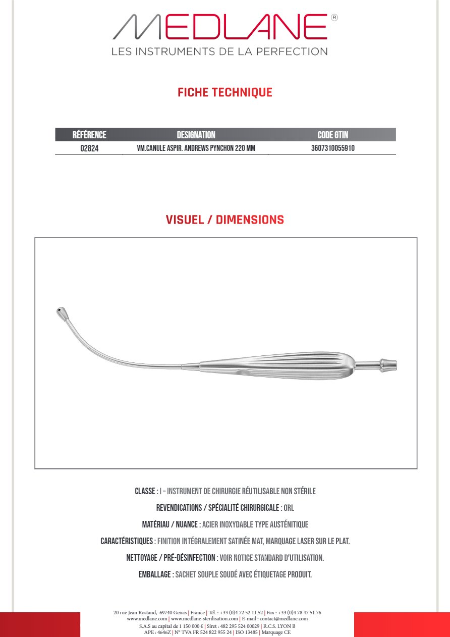 Valve mitrale canule Aspiration Andrews Pynchon 220 mm — REF 02824