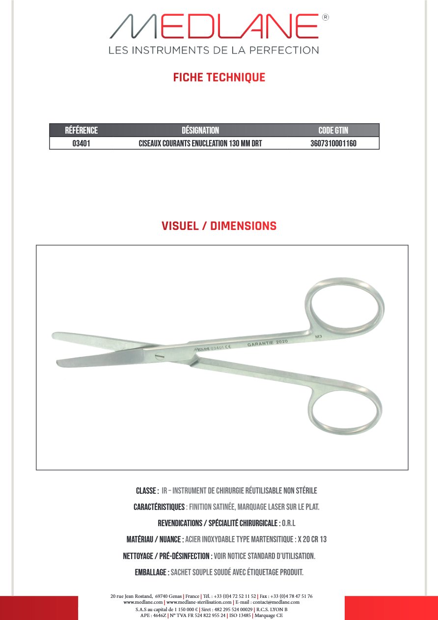 Ciseaux Courants Enucleation 130 mm Droit — REF 03401P