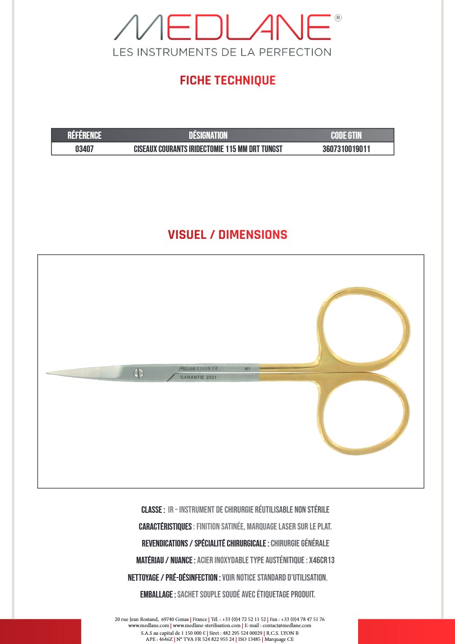 Photo produit MEDLANE : Ciseaux Courants Iridectomie 115 mm Droit Tungstène, référence 03407P