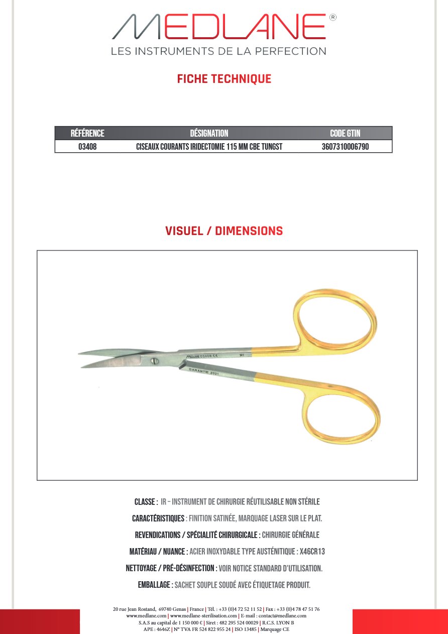 Ciseaux Courants Iridectomie 115 mm Courbe Tungstène — REF 03408P