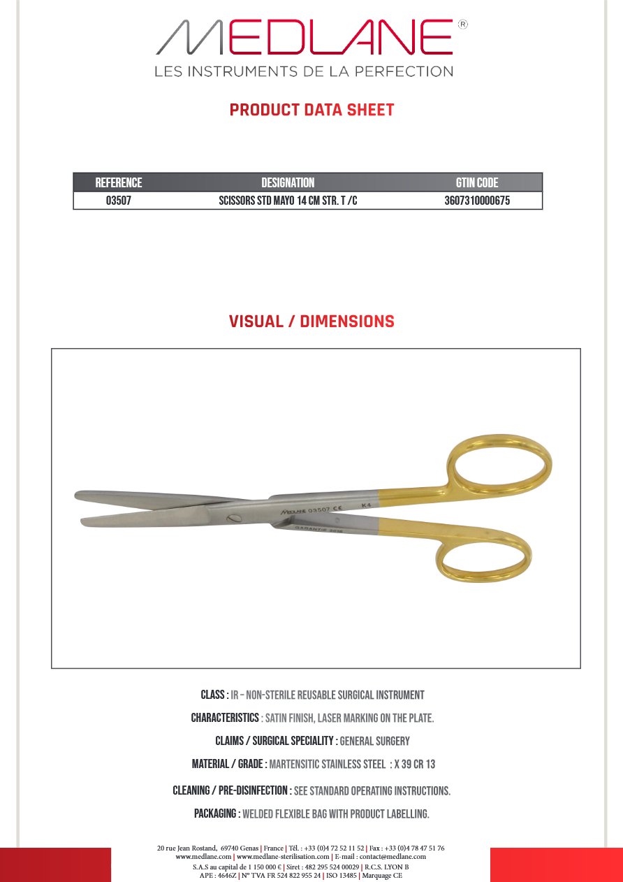 Photo produit MEDLANE : Ciseaux Courants Mayo 140 mm Droit Tungstène, référence 03507P