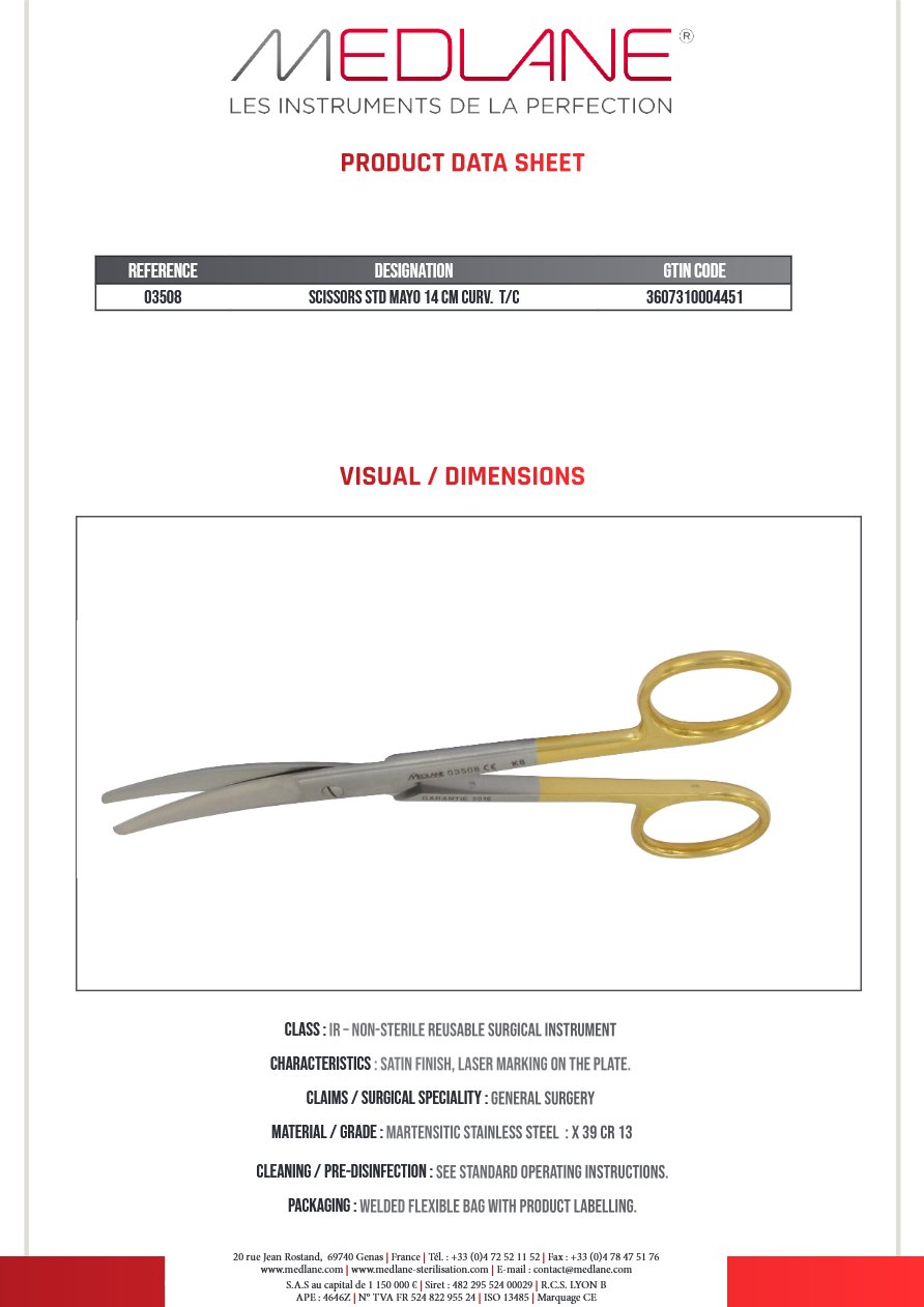 Photo produit MEDLANE : Ciseaux Courants Mayo 140 mm Courbe Tungstène, référence 03508P