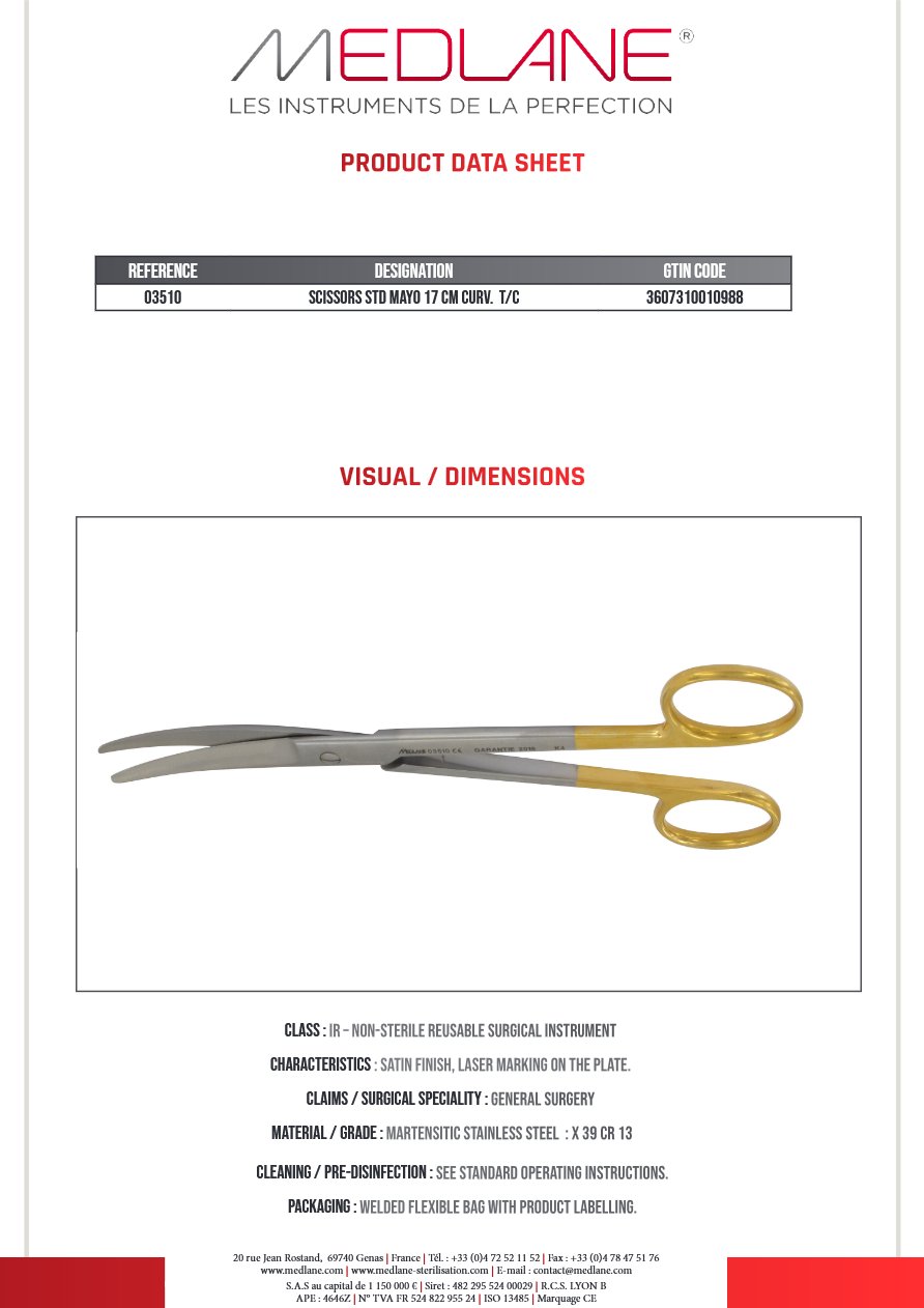 Photo produit MEDLANE : Ciseaux Courants Mayo 170 mm Courbe Tungstène, référence 03510P