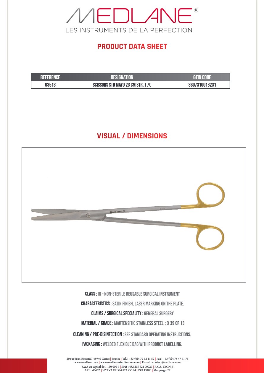 Ciseaux Courants Mayo Dubost 230 mm Droit Tungstène — REF 03513P