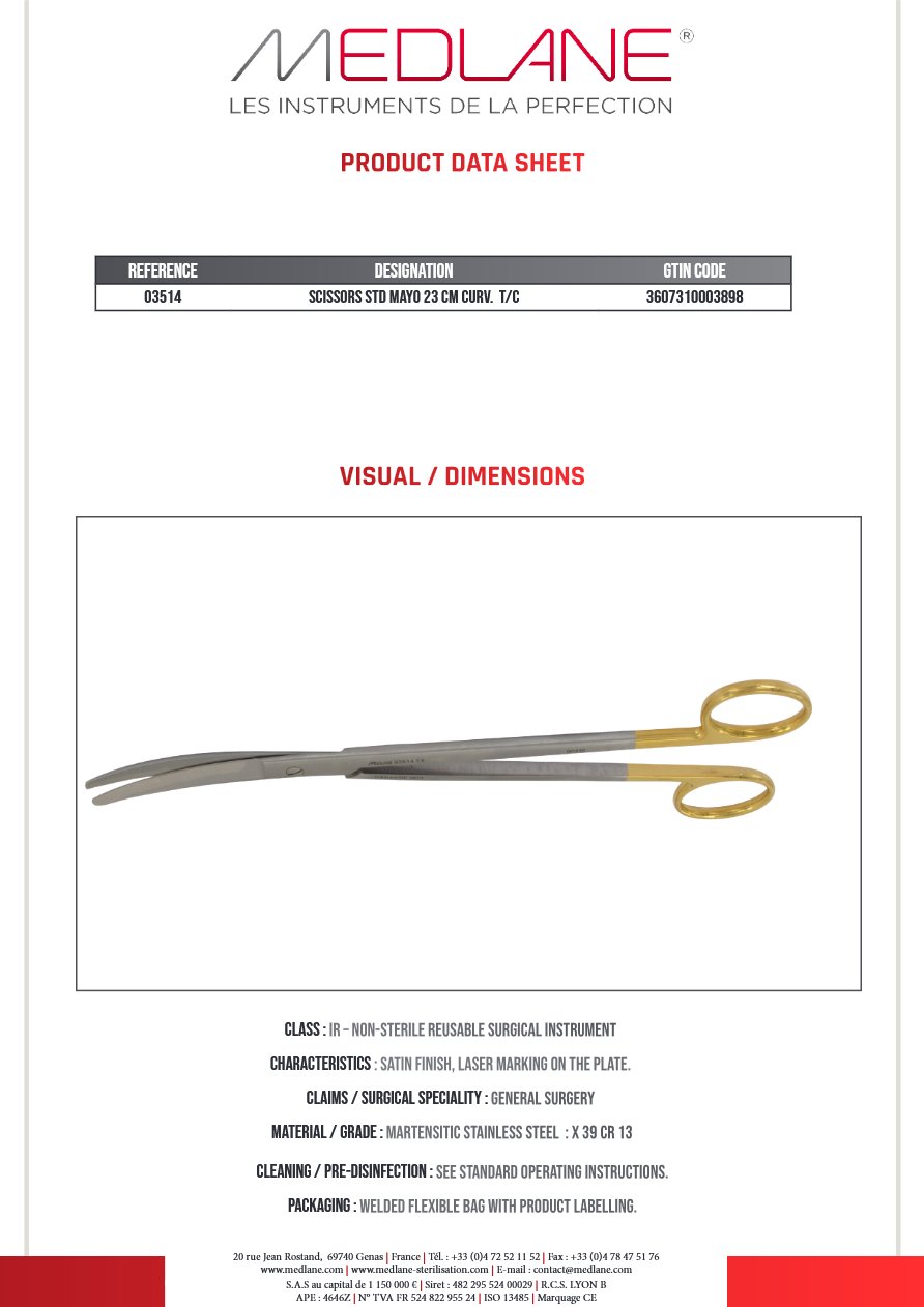Photo produit MEDLANE : Ciseaux Courants Mayo Dubost 230 mm Courbe Tungstène, référence 03514P