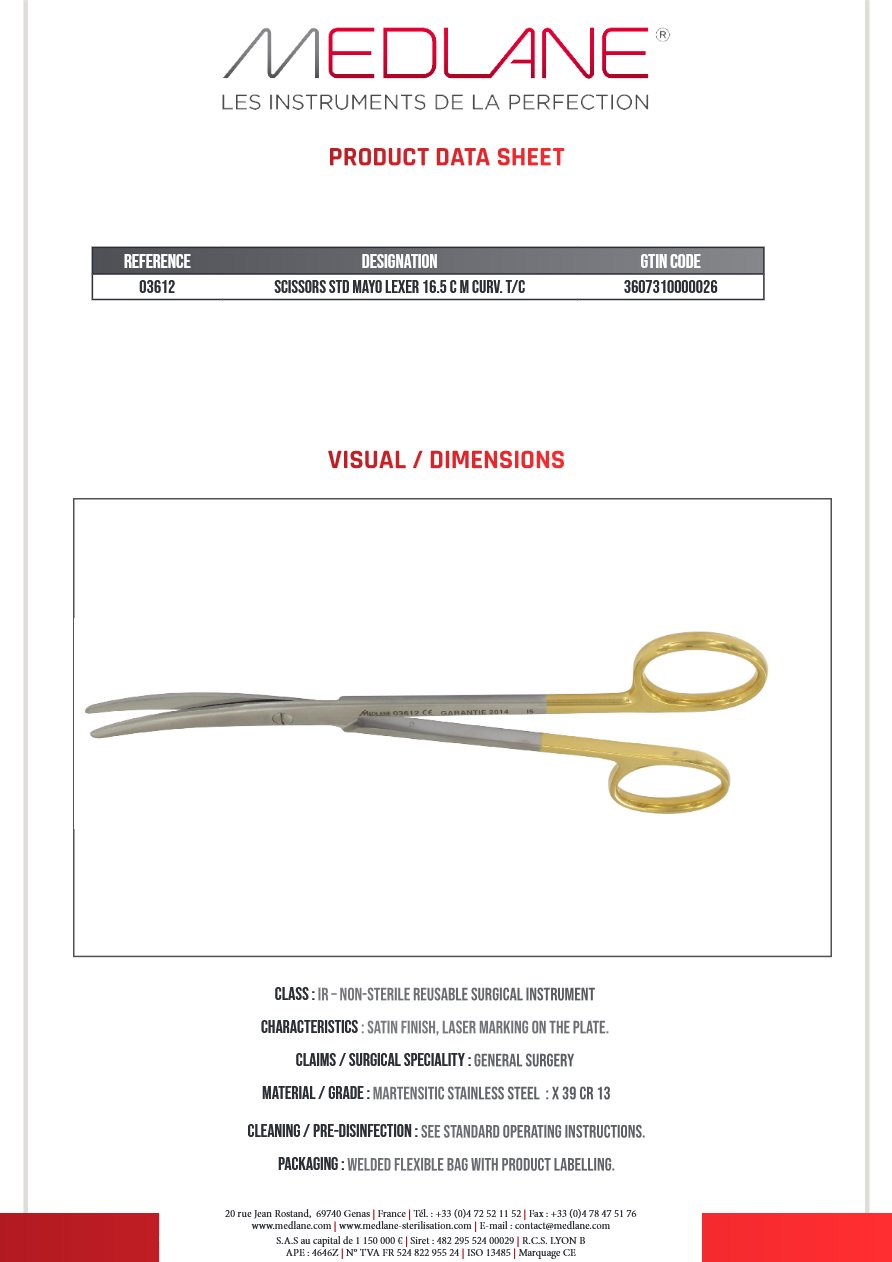 Photo produit MEDLANE : Ciseaux Courants Mayo Lexer 165 mm Courbe Tungstène, référence 03612P