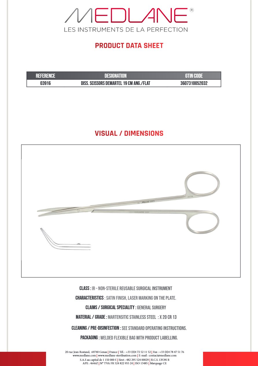 Ciseaux Dissection Demartel 190 mm Coudé/plat — REF 03916