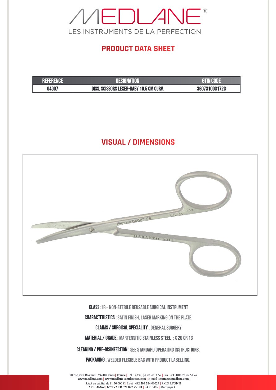 Photo produit MEDLANE : Ciseaux Dissection Lexer-baby 105 mm Courbe, référence 04007P