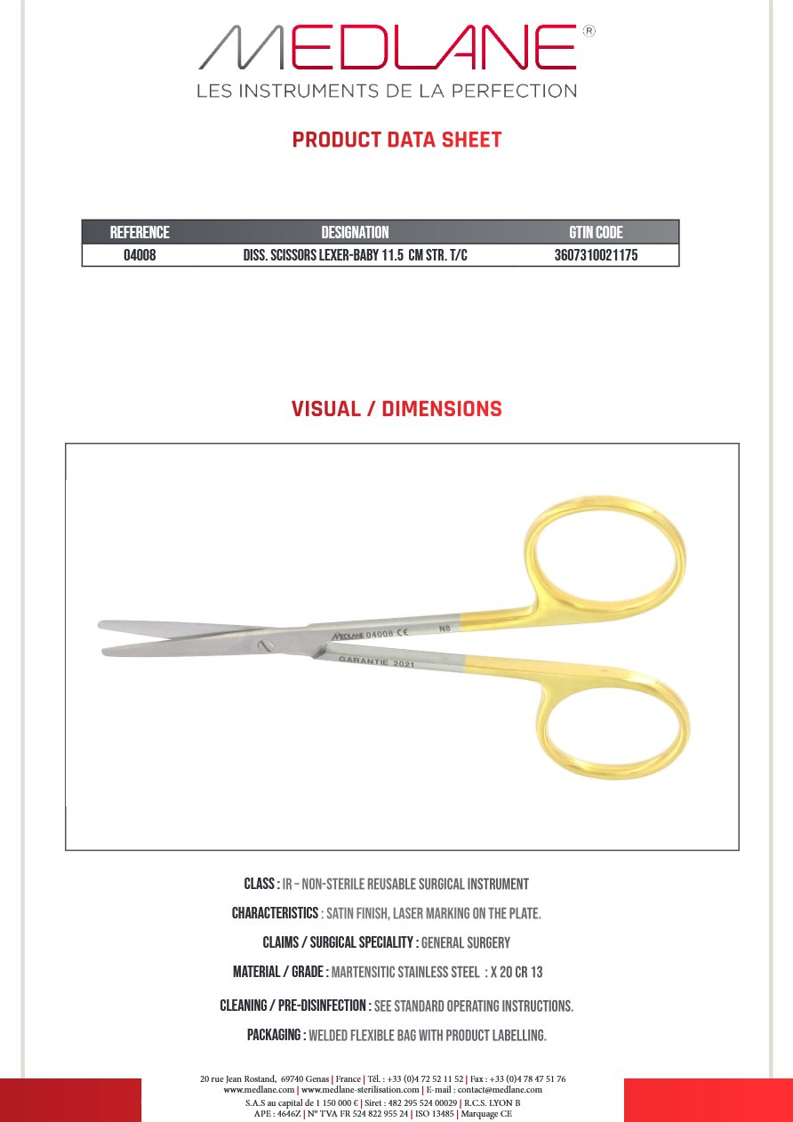 Photo produit MEDLANE : Ciseaux Dissection Lexer-baby 115 mm Droit Tungstène, référence 04008P