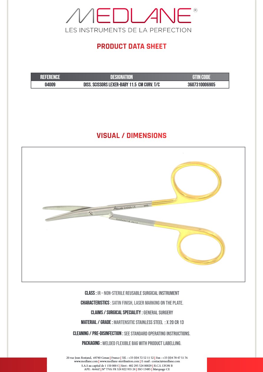 Photo produit MEDLANE : Ciseaux Dissection Lexer-baby 115 mm Courbe Tungstène, référence 04009P