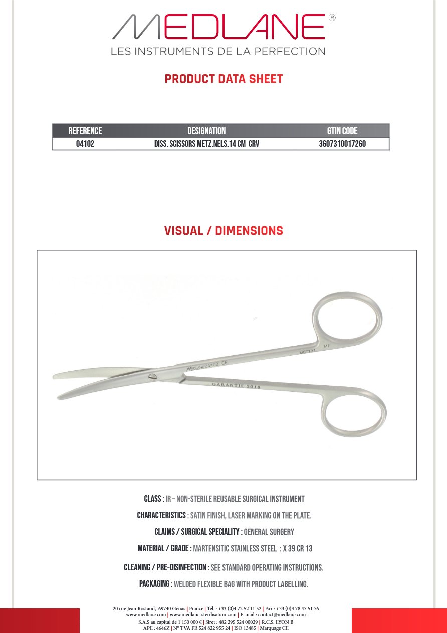 Photo produit MEDLANE : Ciseaux Dissection Metzenbaum nelson 140 mm Courbe, référence 04102P