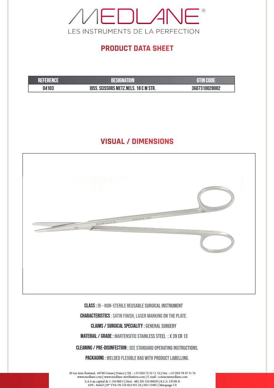 Photo produit MEDLANE : Ciseaux Dissection Metzenbaum nelson 180 mm Droit, référence 04103P