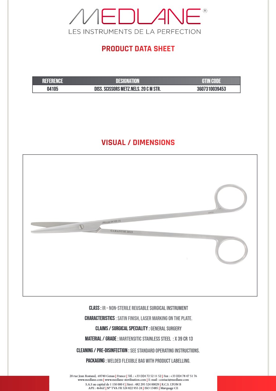 Photo produit MEDLANE : Ciseaux Dissection Metzenbaum nelson 200 mm Droit, référence 04105P