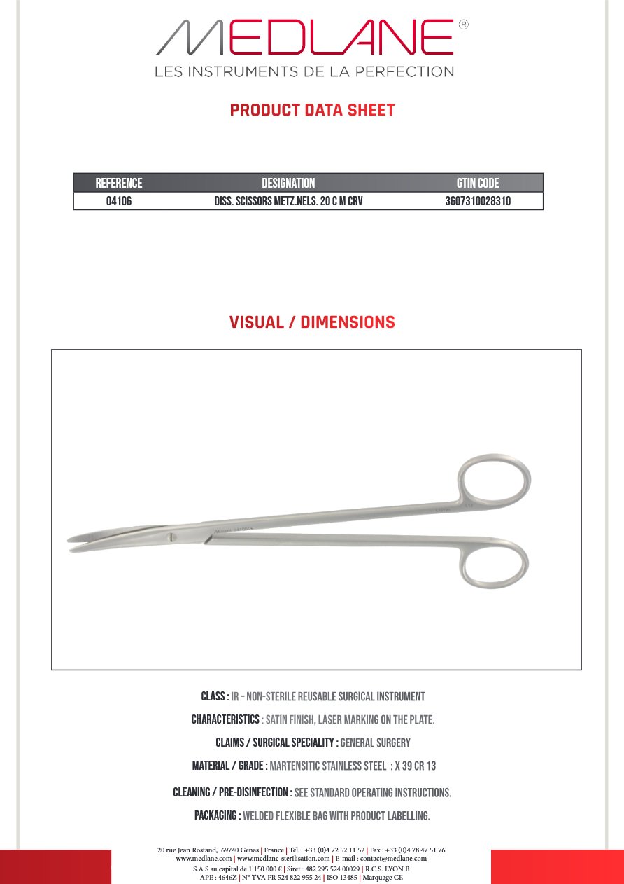 Photo produit MEDLANE : Ciseaux Dissection Metzenbaum nelson 200 mm Courbe, référence 04106P