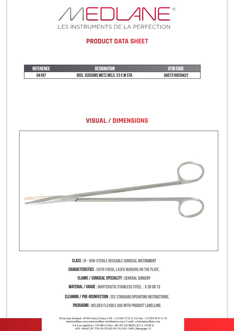Ciseaux Dissection Metzenbaum nelson 230 mm Droit — REF 04107P