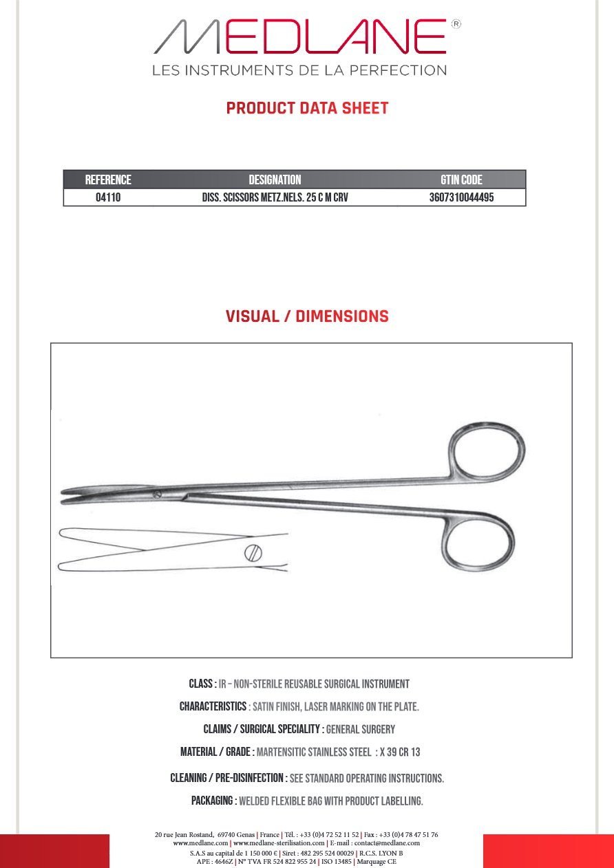 Photo produit MEDLANE : Ciseaux Dissection Metzenbaum nelson 250 mm Courbe, référence 04110P