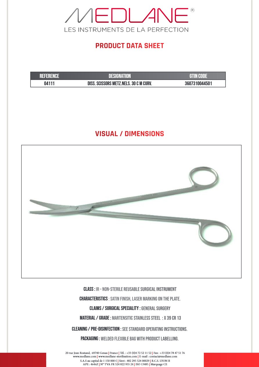Photo produit MEDLANE : Ciseaux Dissection Metzenbaum nelson 300 mm Courbe, référence 04111P
