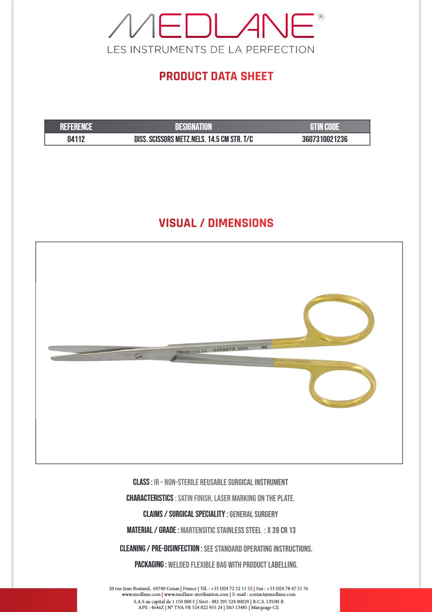 Ciseaux Dissection Metzenbaum nelson 145 mm Droit Tungstène — REF 04112P