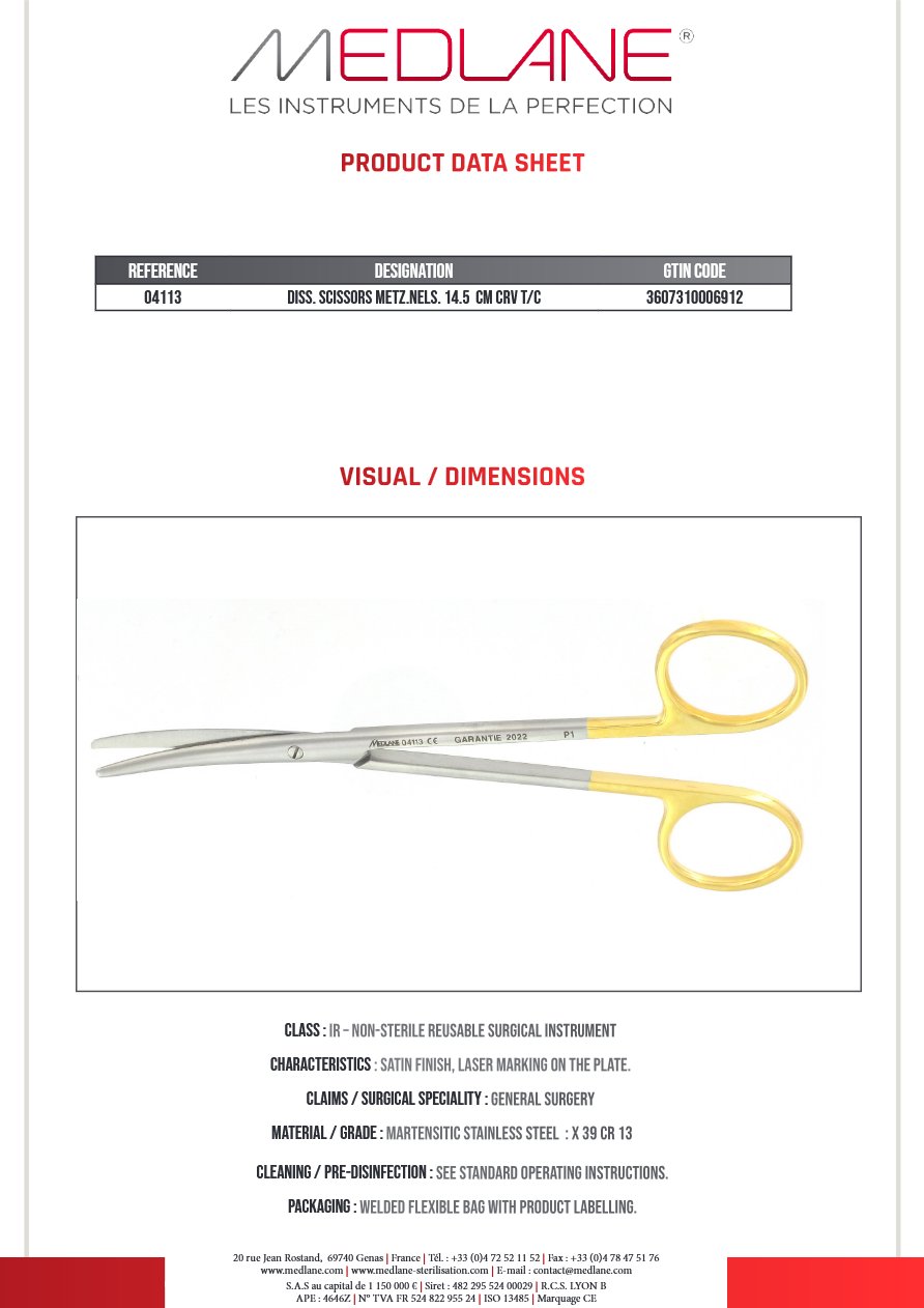 Photo produit MEDLANE : Ciseaux Dissection Metzenbaum nelson 145 mm Courbe Tungstène, référence 04113P