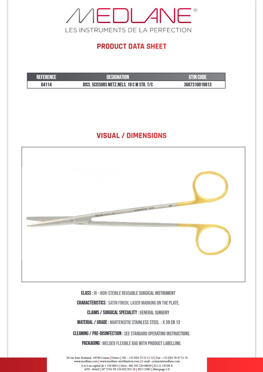 Photo produit MEDLANE : Ciseaux Dissection Metzenbaum nelson 180 mm Droit Tungstène, référence 04114P