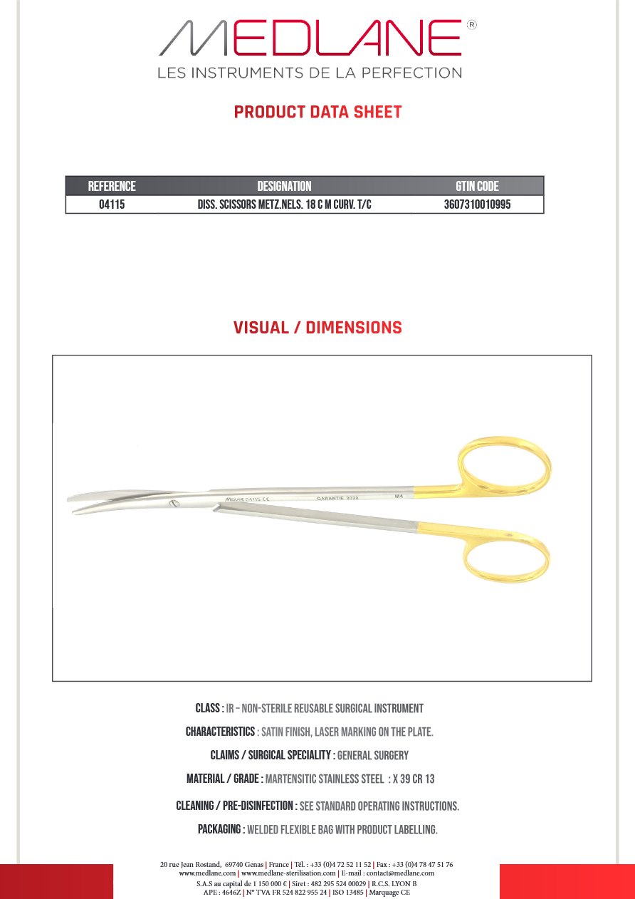 Photo produit MEDLANE : Ciseaux Dissection Metzenbaum nelson 180 mm Courbe Tungstène, référence 04115P