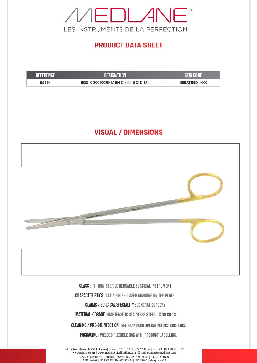 Photo produit MEDLANE : Ciseaux Dissection Metzenbaum nelson 200 mm Droit Tungstène, référence 04116P